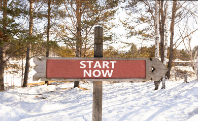 Poster - Start now symbol. Concept words Start now on beautiful wooden road sign. Beautiful forest snow blue sky background. Business marketing, motivational start now concept. Copy space.