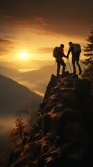 Canvas Print - b'Two men on a mountaintop enjoying the sunset'