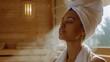 A woman with fibromyalgia exits a sauna with a towel wrapped around her head feeling refreshed and renewed. She takes a moment to stretch and move her body gently before going about.