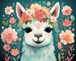 Llama bliss with a crown of spring flowers, party pompoms, teal twinkle ,  illustrative image rendered in a flat graphic style
