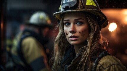 Wall Mural - a woman wearing a firefighter helmet