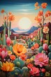 Eclectic cacti, festooned with flowers, pastel sky, desert charm ,  bold shapes