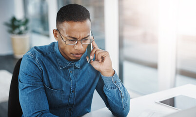 Poster - Professional, phone call and black man by computer in office, workspace and business desk in creative career. Communication, internship and journalist with tech for contact, research and internet