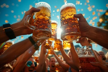 b'Group of friends toasting beer mugs at Oktoberfest'