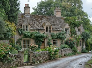 Canvas Print - b'English country cottage with flowers'