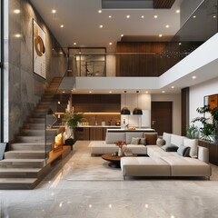 Sticker - b'Modern luxury house interior design with living room, kitchen and staircase'