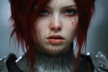 Wall Mural - a woman with red hair and a metal armor