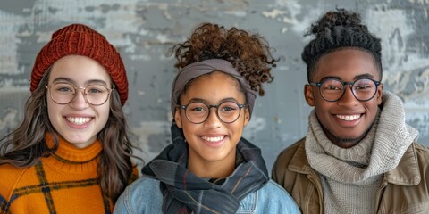 b'Three smiling teenagers wearing glasses'