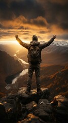 Wall Mural - b'man standing on a mountaintop with his arms outstretched enjoying the view'