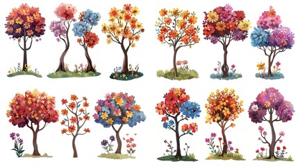 Wall Mural - spring flower blossoming cartoon tree nursery style illustration isolated on white background collection set clip art, Generative Ai