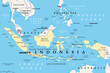 Indonesia, a country in Southeast Asia and Oceania, political map. Republic and archipelago with capital Jakarta, and the largest islands Sumatra, Java, Sulawesi, and parts of Borneo and New Guinea.