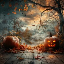 B"Two Jack-o'-lanterns Sit On A Wooden Floor In A Spooky Forest Setting With Bats Flying Overhead And A Dead Tree Nearby"