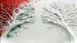 Two white trees on a white background with red and green paint splatters underneath.