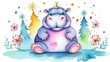 Children's birthday concept. Cute happy hippo with colorful balloons. Watercolor birthday card with hippopotamus and balloons