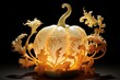 a carved pumpkin with leaves and a light