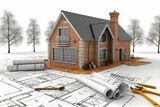 Fototapeta  - b'3d rendering of a house under construction with blueprints'