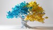 Abstract volumetric tree with a twisted white trunk with yellow and blue foliage on a white background