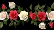 Ornament of white and red roses with green foliage on a black background