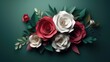 Bouquet of red and white paper roses on a dark green background
