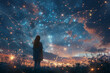 girl in a field at sunset looking at the constellations in the sky, the lines that join the stars