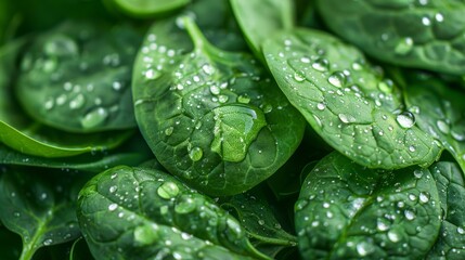 Wall Mural - A bunch of green spinach leaves with water droplets on them
