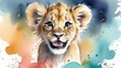 watercolor illustration of lion cub with balloons on white background,birthday greeting concept, wallpaper for children's room, for invitation, card, sticker and banner.