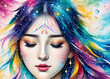 Girl with closed eyes, fantasy fairy tale bright colors dream, generative ai	