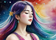 Girl with closed eyes, fantasy fairy tale bright colors dream, generative ai	