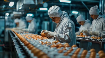 Wall Mural - A man wearing a white lab coat and a mask is working in a factory. He is surrounded by many oranges