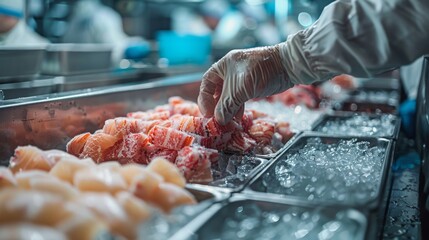 Wall Mural - A person is handling raw meat in a cold room