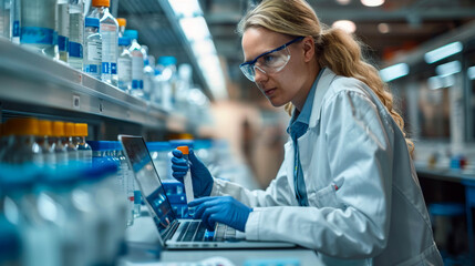  A female scientist wearing a lab coat and safety glasses works in a laboratory. She is looking at a laptop and holding a test tube.