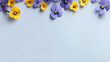 Border with pansy flowers and copy space. Summer flowers on blue background. Template for presentation, slide, print.	
