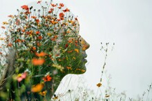 Double Exposure Portrait Of Female Face  Profile And Summer Field Flowers. Woman In Spring. Harmony Between Nature And Person. Feminine Energy.