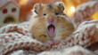 A yawning hamster on a knitted blanket