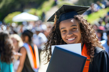 Smiling Female African American Student Holding a Diploma With a Crowd of Graduates in the Background