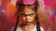 computer graphic art illustration of a cute, but angry little girl with braided hair