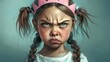 computer graphic art illustration of a cute, but angry little girl with braided hair