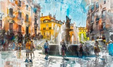 Cozy European Square With A Fountain, Sunny Summer Day, Watercolor Painting