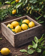 Wall Mural - Ripe yellow lemons in the wooden box. Close-up, Italian vibes. Lemons fresh in wooden crate, blurred plantation background. Box of lemons with fresh leaves on wooden background with copy space.