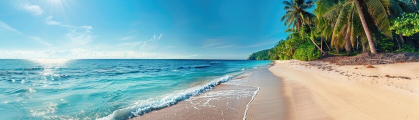 Wall Mural - panoramic view of a pristine tropical beach with palm trees