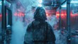 © G.Go - A person in a heavy coat and backpack is standing in a room with smoke and steam