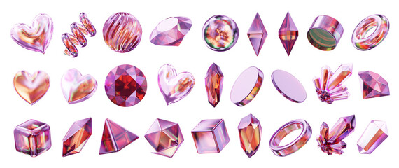 Fototapete - Heart and Gem holographic decoration set pack isolated background 3d rendering	
