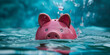 Piggy bank sinking in water symbolizing financial troubles money loss financial difficulties