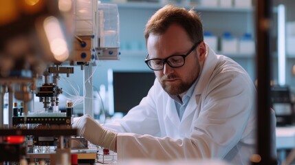 Poster - An engineer is conducting experiments in a science lab, wearing a lab coat. AIG41