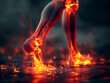 Digital anatomy of a fiery ankle joint. 3D visualization of ankle pain in red. Inflamed human ankle with heat effect.