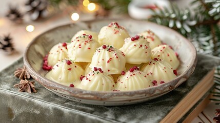 Poster -   A bowl of white chocolate sprinkled with red decorations sits on a table, surrounded by a festive Christmas tree