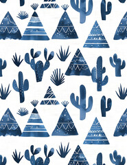 Wall Mural - A blue and white pattern of cacti and teepees