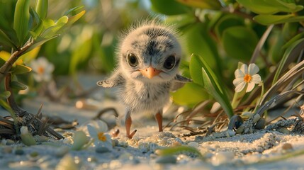 Poster -   A bird in grass and dirt, with a flower in its mouth, photographed up close