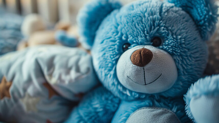 Wall Mural - A close-up of a blue teddy bear's smiling face with its button eyes and stitched nose radiating warmth and comfort in a nursery filled with soft blankets pillows and plush toys