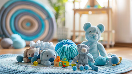 Wall Mural - A collection of soft blue baby toys including rattles blocks and stuffed animals arranged on a play mat in a sunny playroom stimulating sensory exploration and fostering early development in infants.